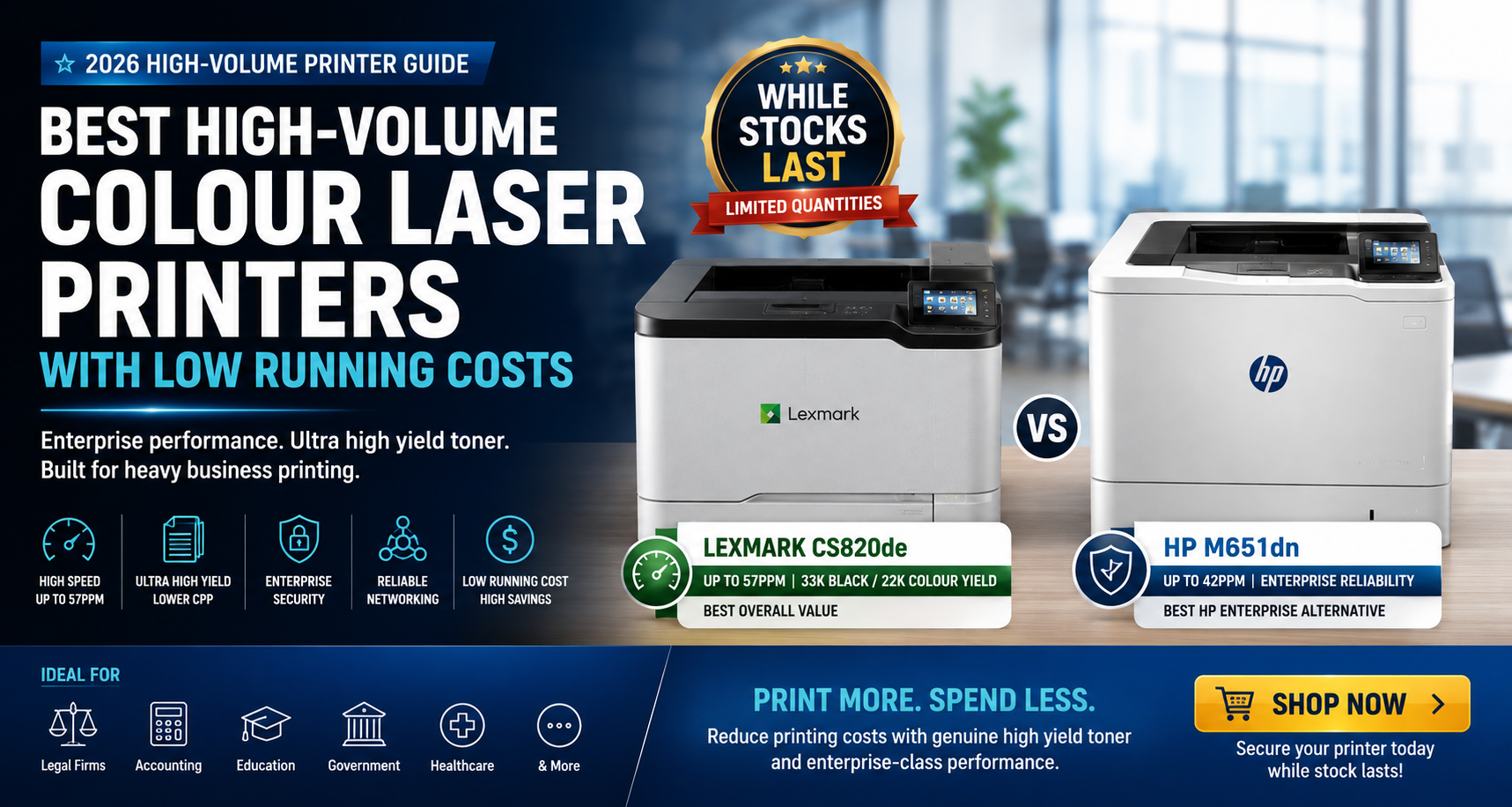 Lexmark CS820de and HP M651dn high-volume colour laser printers with low running costs for offices and businesses