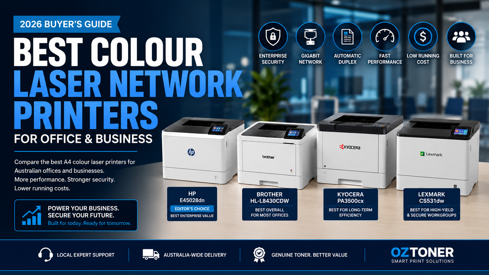 Best colour laser network printers for office and business in Australia including HP, Brother, Kyocera and Lexmark