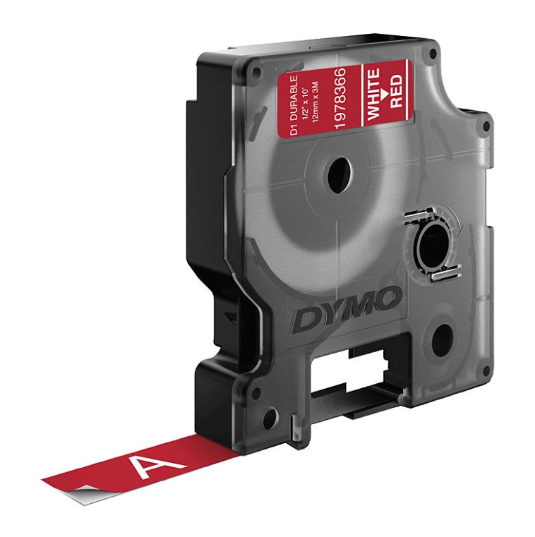 Genuine Dymo D1 Durable Label Tape 12mm x 3m – White on Red (1978366)