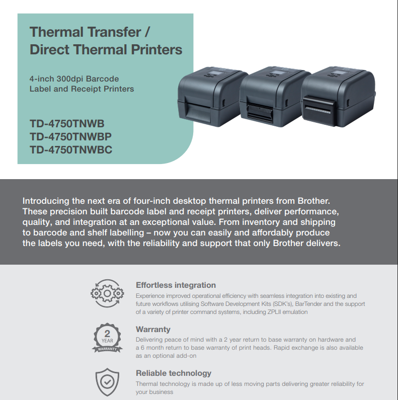 Brother TD-4750 Desktop Thermal Transfer Printer 300DPI Multi-Interface with Peeler (TD-4750TNWBP)