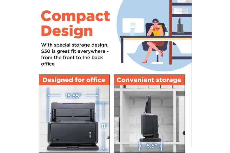 Plustek S30 Wide-Format Duplex Document Scanner 600dpi A3 Width 100-Sheet ADF