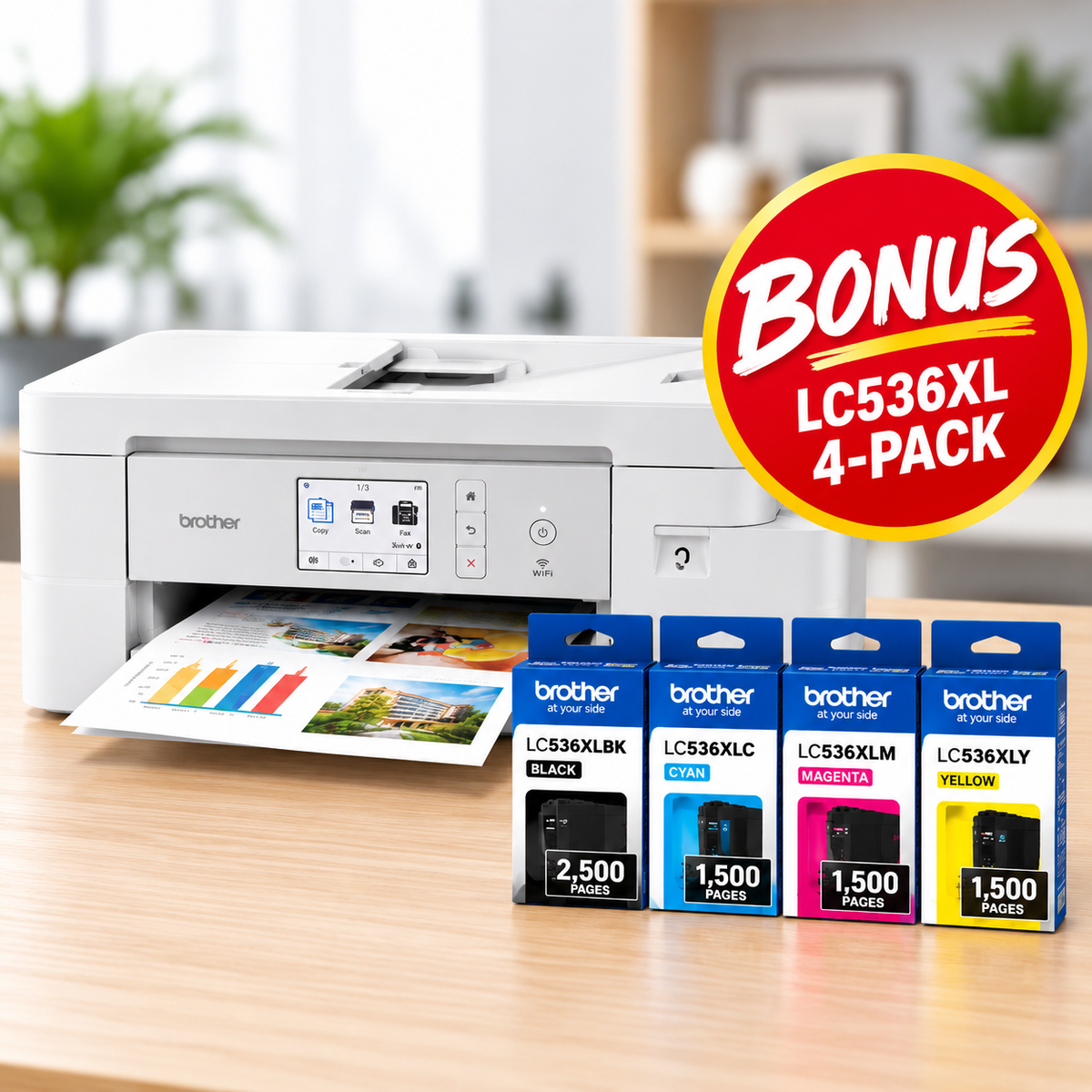 Bundle: Brother MFC-J4355DW A4 Colour Inkjet All-in-One Printer+BONUS: LC536XL4PK