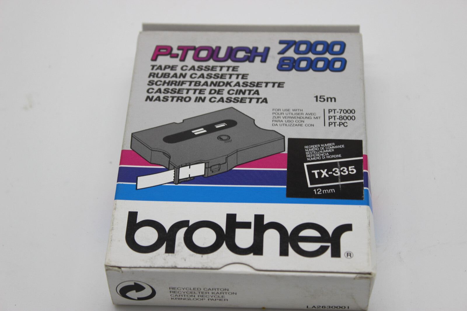 Genuine Brother TX-335 laminated labelling tape 12mm 15M White-on-Black for PT7000 PT8000