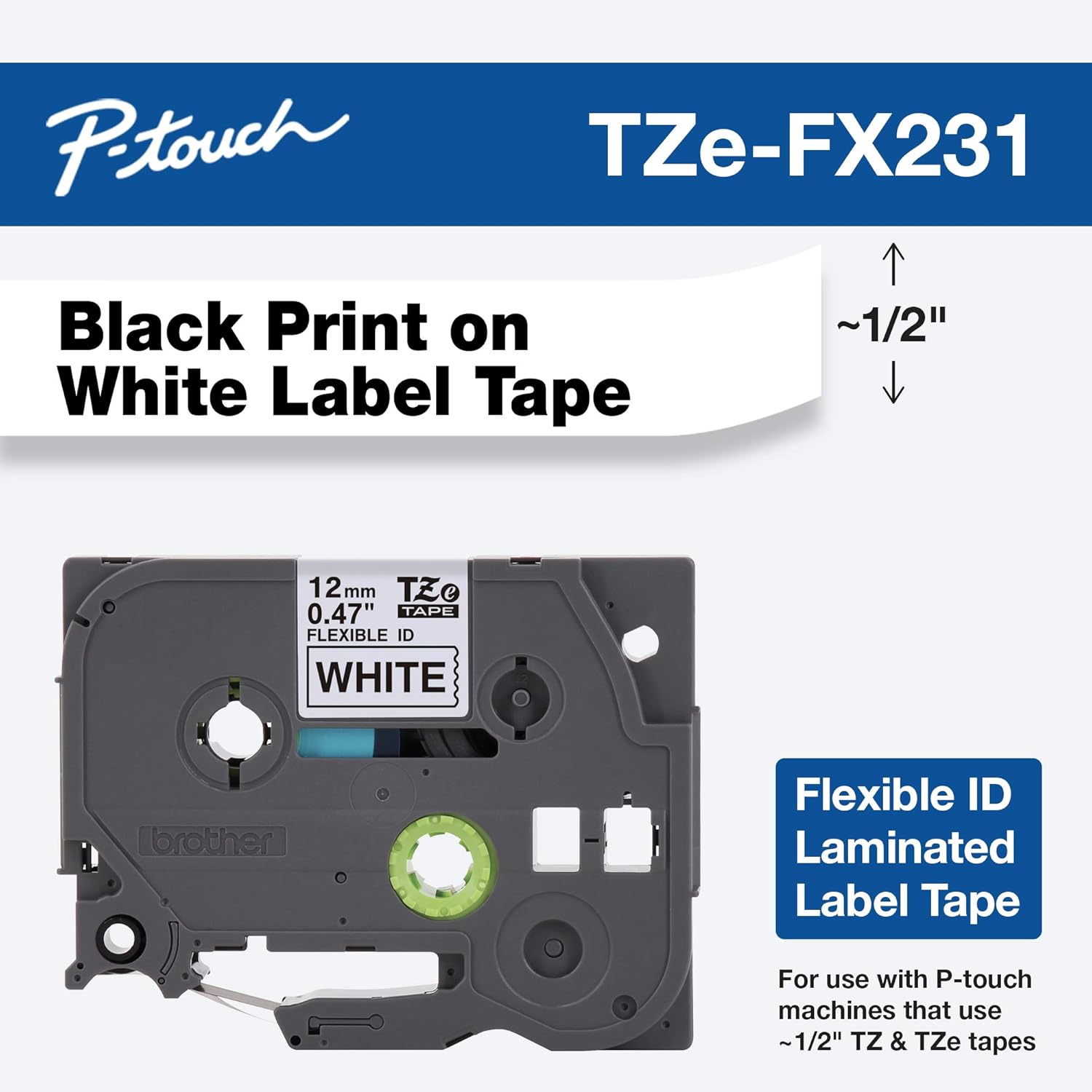 Brother TZe-FX231 12mmx8m Black-on-White Flexible ID Tape PT-H110 PT-E300VP PT-E550WVP