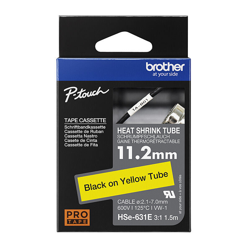 Genuine Brother HSe631E 11.2mm Black-on-Yellow Heat Shrink Tube Cartridge Labelling Tape