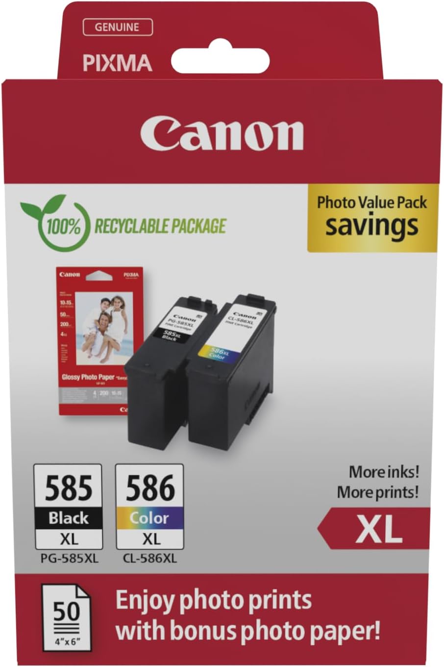 Genuine Canon PG585XL+ CL586XL Ink Cartridge Value Pack+BONUS: GP501 4x6 50 Sheets Photo Paper