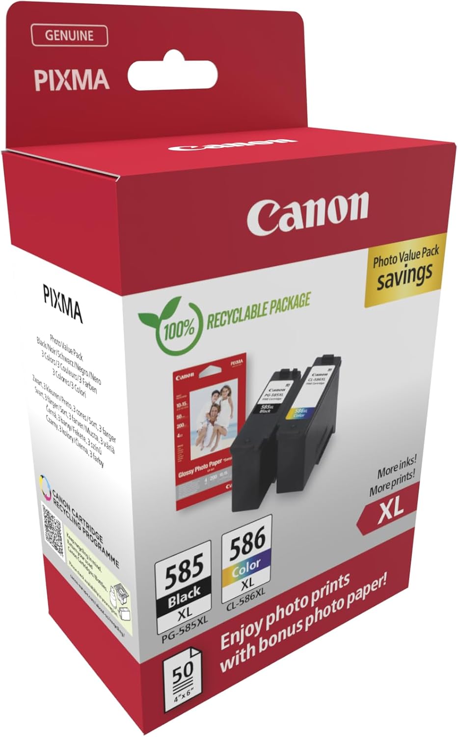 Genuine Canon PG585XL+ CL586XL Ink Cartridge Value Pack+BONUS: GP501 4x6 50 Sheets Photo Paper