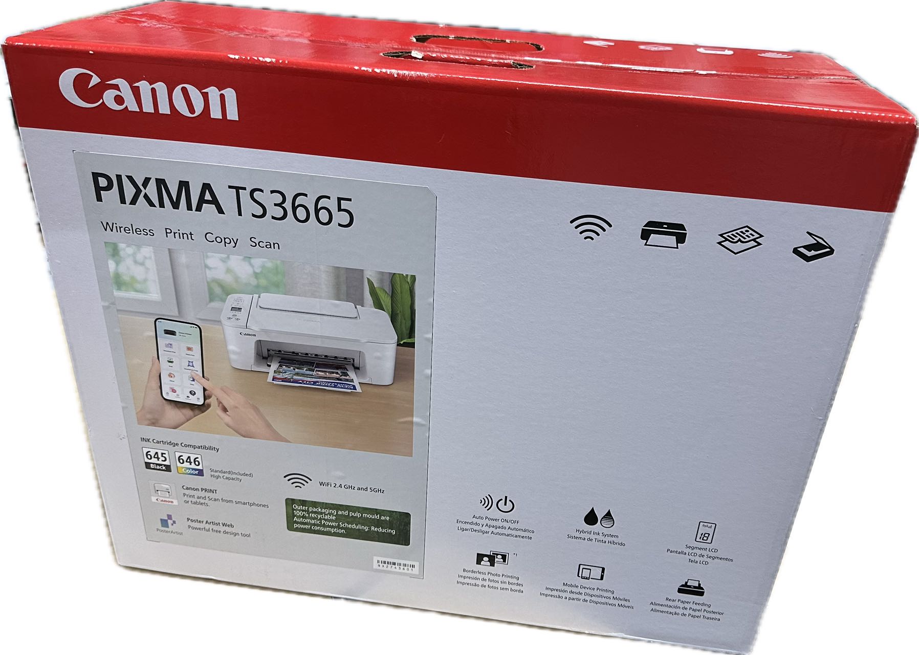 Canon PIXMA Home TS3665 3-in-1 Wireless MFP Printer-PG645/CL646 Ink (WHITE)
