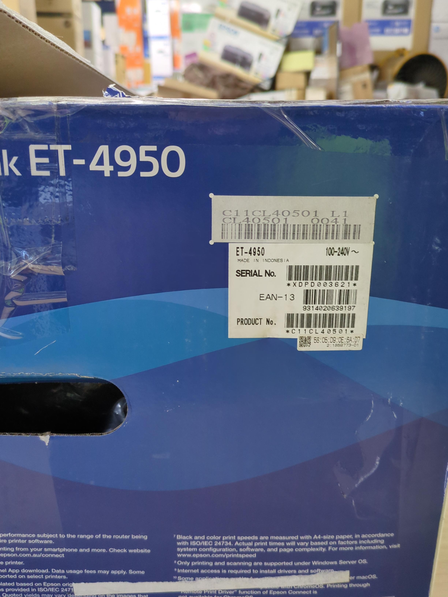 Ex Demo Epson EcoTank ET-4950 box label serial XDPD003621