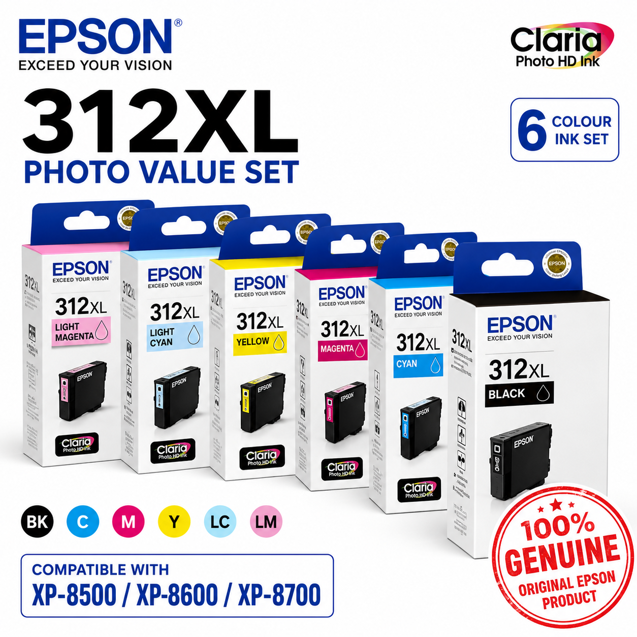 *Bundle* 6x Pack Genuine Epson #312XL Ink Cartridge Set (1BK,1C,1M,1Y,1LC,1LM) High Yield for XP-8500 XP-8600 XP-8700