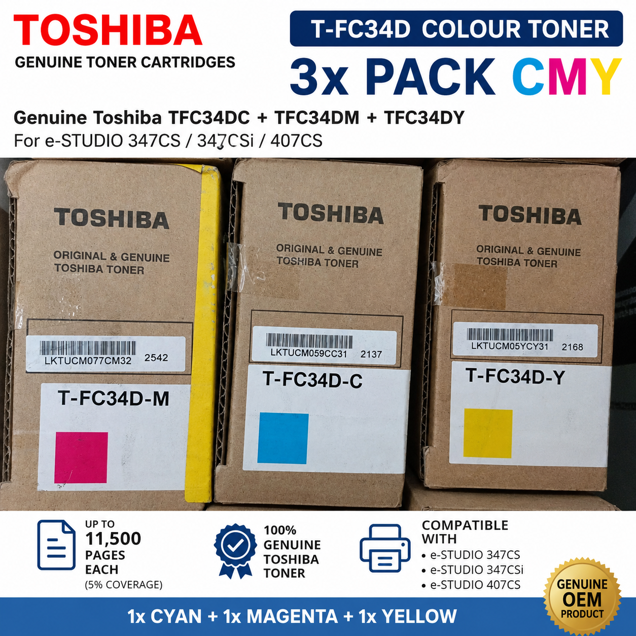Bundle: 3x Pack Genuine Toshiba TFC34DC+TFC34DM+TFC34DY Color Toner Cartridges