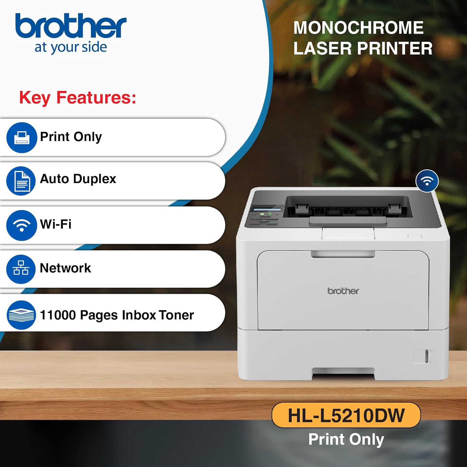 Brother HL-L5210DW High Speed Mono Laser Wireless Printer+Duplexer 48PPM TN3605