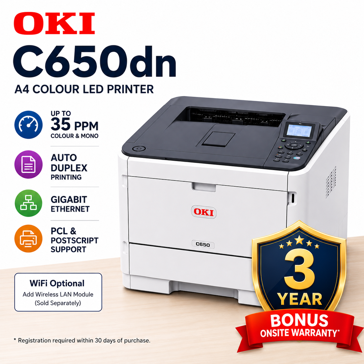 *SALE!* OKI C650dn A4 LED Colour Laser Network Printer 35PPM+BONUS:3-Year Warranty (P/N:09006144)