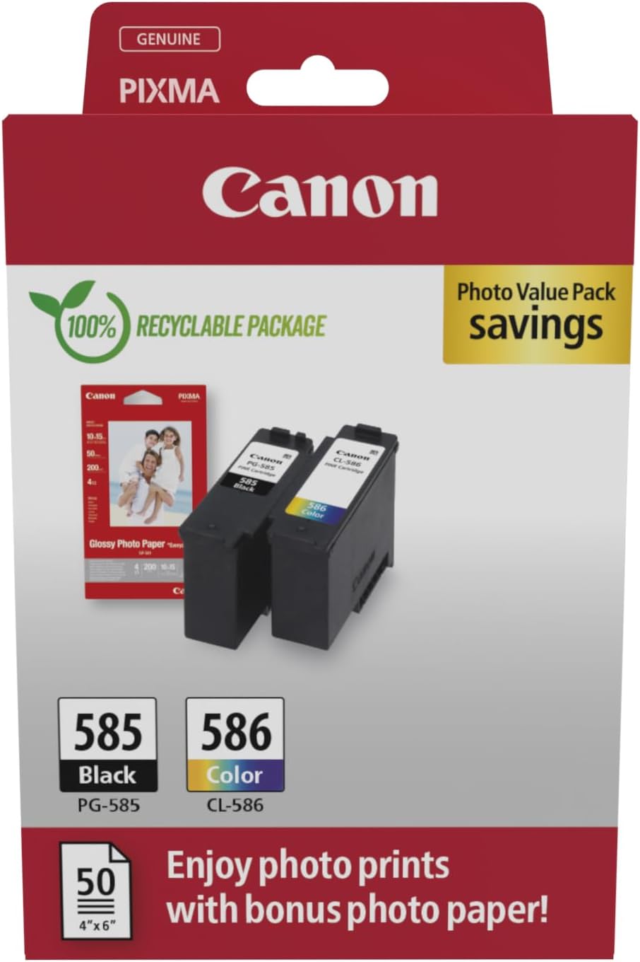 Genuine Canon PG585+CL586 Ink Cartridge Value Pack+BONUS: GP501 4x6 50 Sheets Photo Paper
