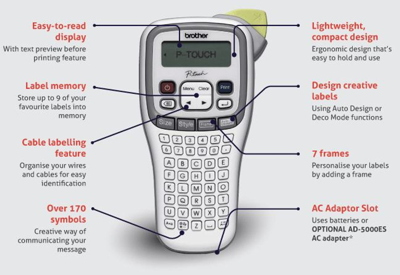 Brother P-Touch PT-H105 Hand Held Labeller 3.5mm-12mm TZE - 12mm Black-on-White Tape Cassette Included