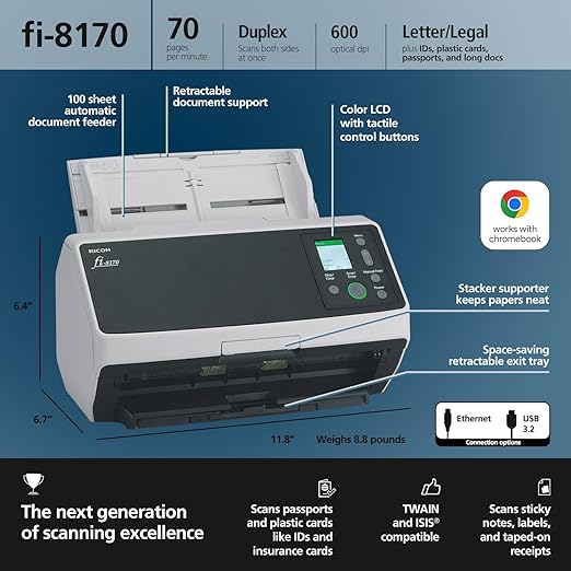 *PROMO* Ricoh/Fujitsu FI-8170 A4 Sheet-fed Duplex Document Scanner USB 3.2/70PPM+Wty PA03810-B051 (RRP $1,947)