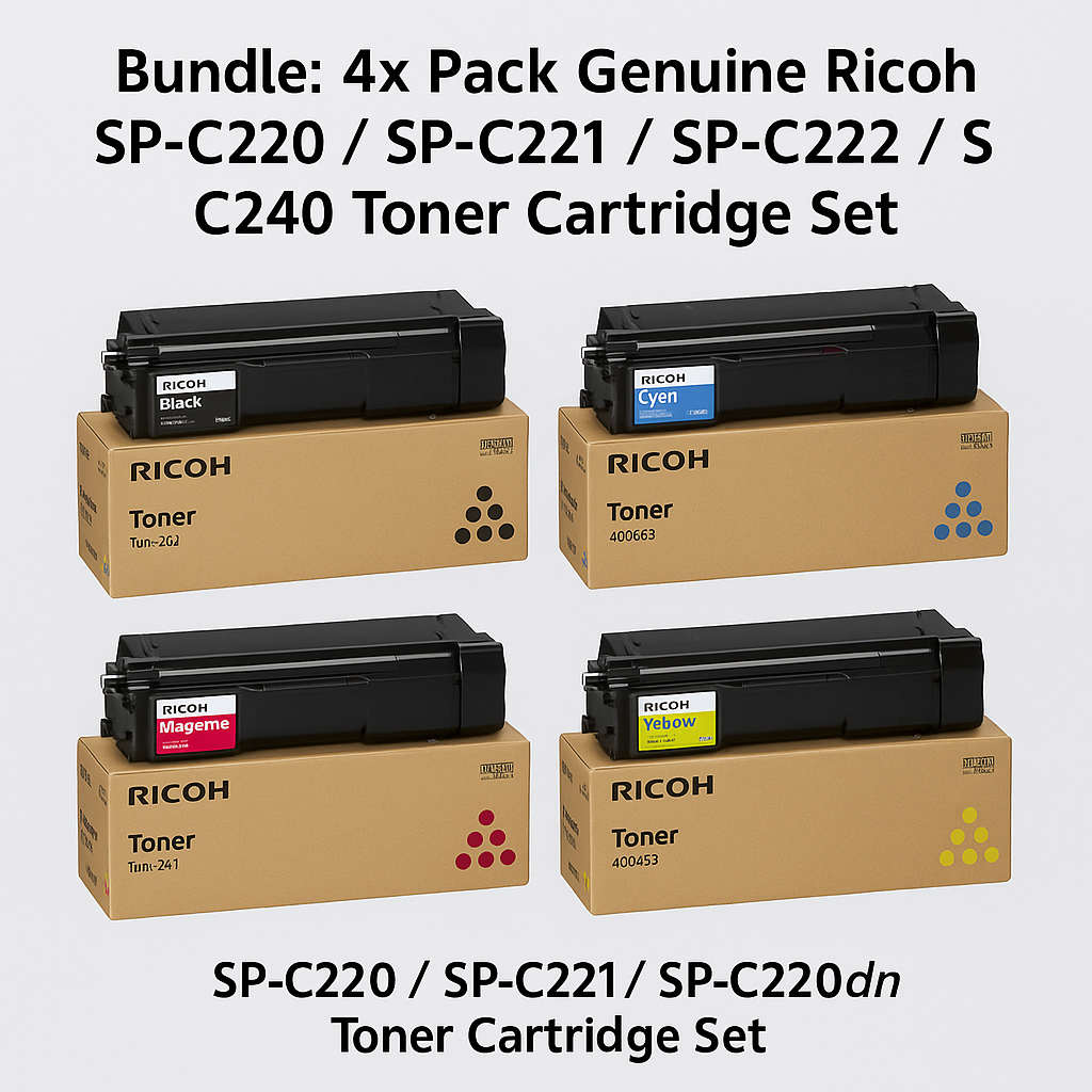 Bundle: 4x Pack Genuine Ricoh Aficio SP-C220 SP-C221 SP-C222 SP-C240 Toner Cartridge Set