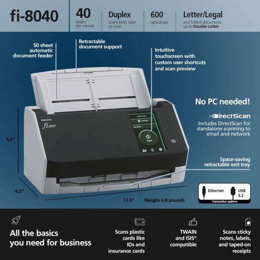 Ricoh/Fujitsu FI-8040 A4 Sheet-fed Document Scanner TWAIN 40PPM (RRP$1,430)