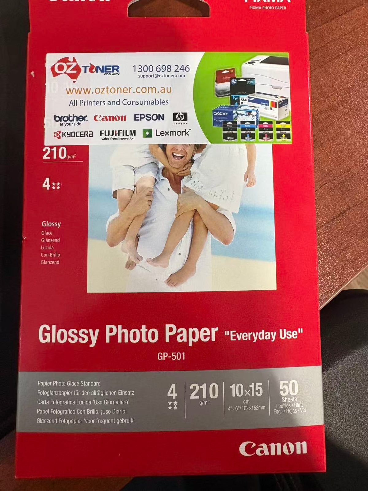 Photograph of actual Canon GP-501 aged stock carton confirming 10 x 15cm, 210gsm and 50 sheets