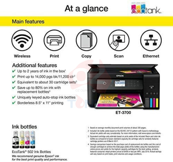 *clear* Epson Expression Et3700 A4 Refillable 3In1 Ink Tank Printer+Bonus:18Month+Prefilled