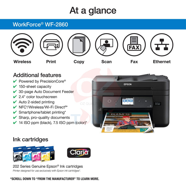 Epson Workforce Wf-2860 A4 4-In-1 Multifunction Printer+Wi-Fi+Fax #202 Ink Set P/n:c11Cg28501 Wf2860