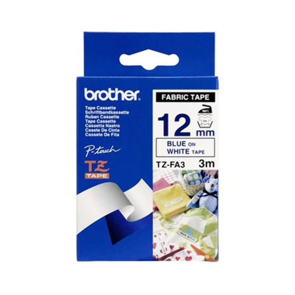 Genuine Brother Tze-Fa3 12Mm Blue On White Fabric Non Laminated Tape 3 Metres Label