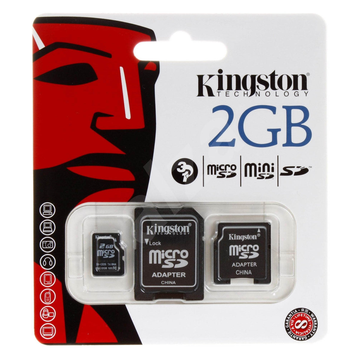 Kingston 2GB microSD Memory Card with SD and miniSD Adapters SDC/2GB-2ADP