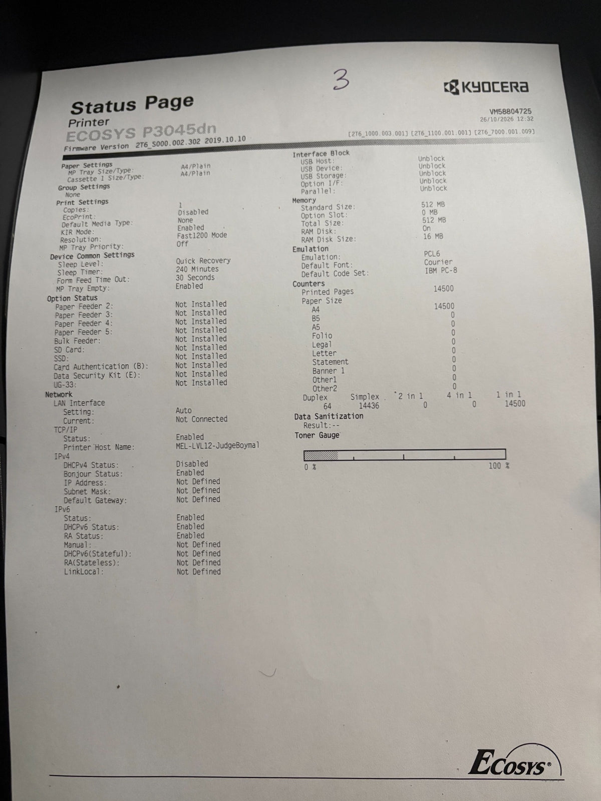 Kyocera ECOSYS P3045dn Unit 3 status page: 14,500 pages, serial VM58804725, B Grade, estimated toner 20%
