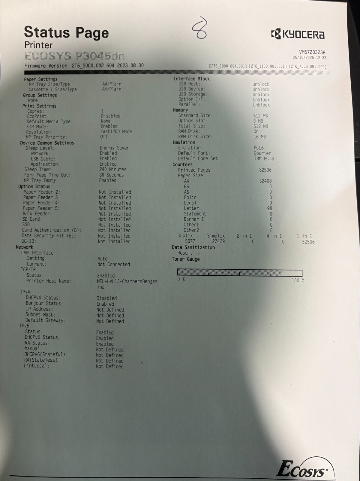 Kyocera ECOSYS P3045dn Unit 8 status page: 32,506 pages, serial VM57Z03238, B Grade, estimated toner 80%