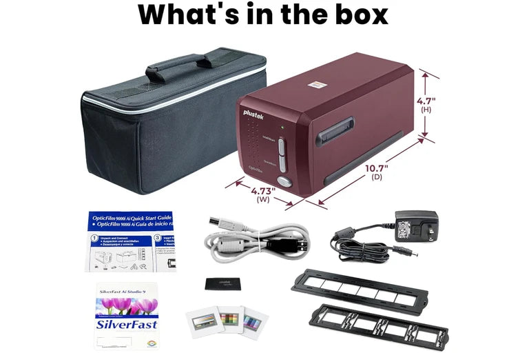 Plustek OpticFilm 9000i Ai pictured scanner accessories and package contents
