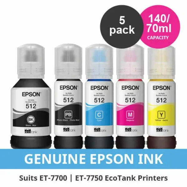 *Sale!* 5X Pack Genuine Epson T512 Refill Ink Bottle Set Value For Et-7700 Et-7750 (1Bk 1Pbk 1C 1M