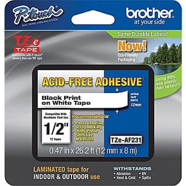 1 X Genuine Brother Tze-Af231 12Mm Black On White Acid Free Laminated Tape 8 Metres Accessories