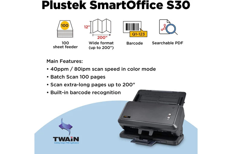 Plustek S30 Wide-Format Duplex Document Scanner 600dpi A3 Width 100-Sheet ADF