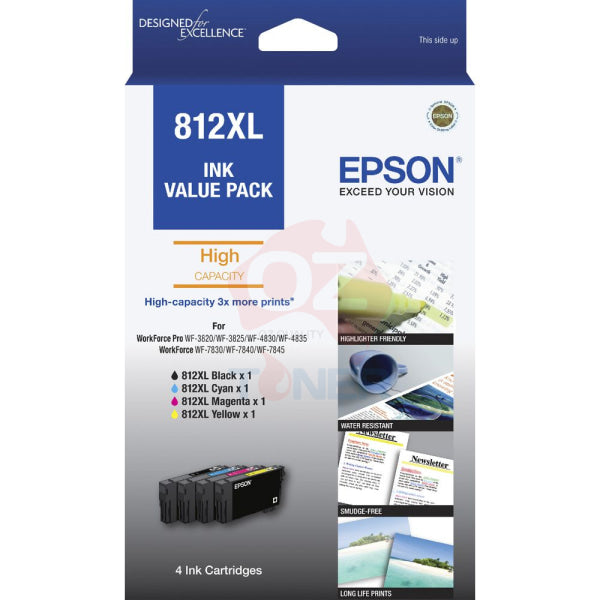 4X Pack Genuine Epson #812Xl Ink Cartridge Set (1Bk 1C 1M 1Y) High Yield [T05E192-T05E492] -