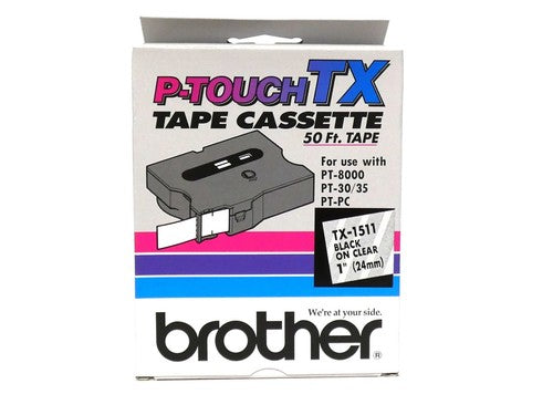 Genuine Brother TX-151 laminated labelling tape 24mm 15m black-on-clear for PT7000 PT8000 PTPC [TX1511]