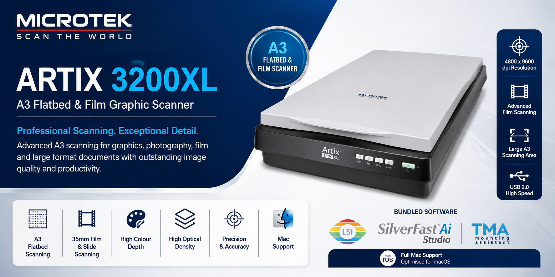 Microtek Artix 3200XL A3 Flatbed & Film Graphic Scanner - Bundled TMA and SilverFast Ai IT8 Studio, Mac support