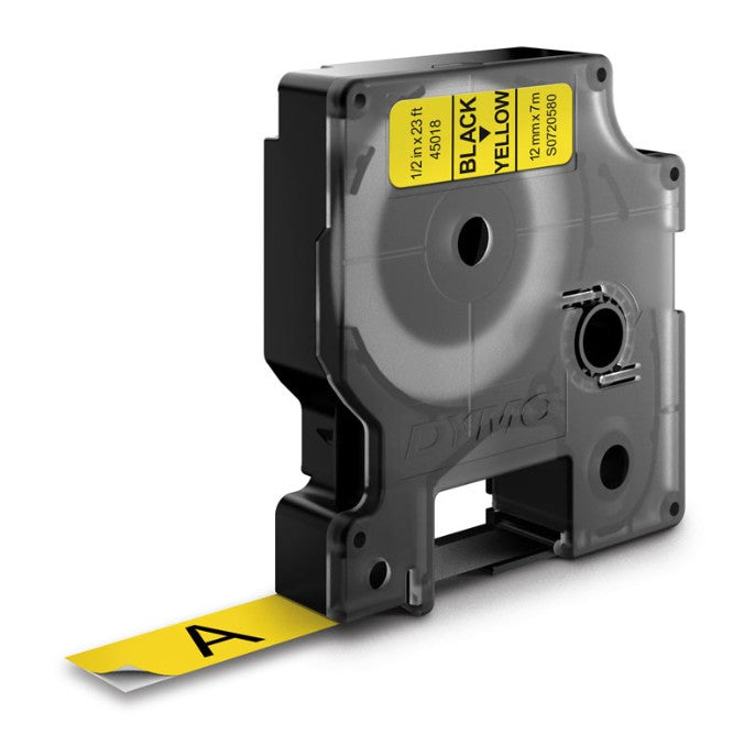 Genuine Dymo D1 Black-on-Yellow Label Tape 12mm x 7m (S0720580 / 45018)