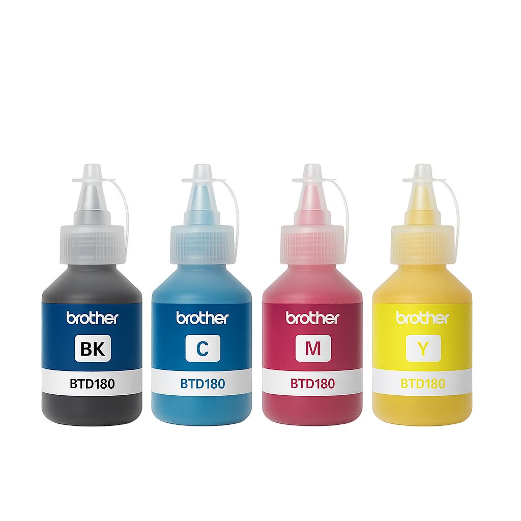 Bundle: Genuine 4x Pack Brother BTD180 C/M/Y/K Ink Refill Bottle Set for DCP-T580DW DCP-T780DW