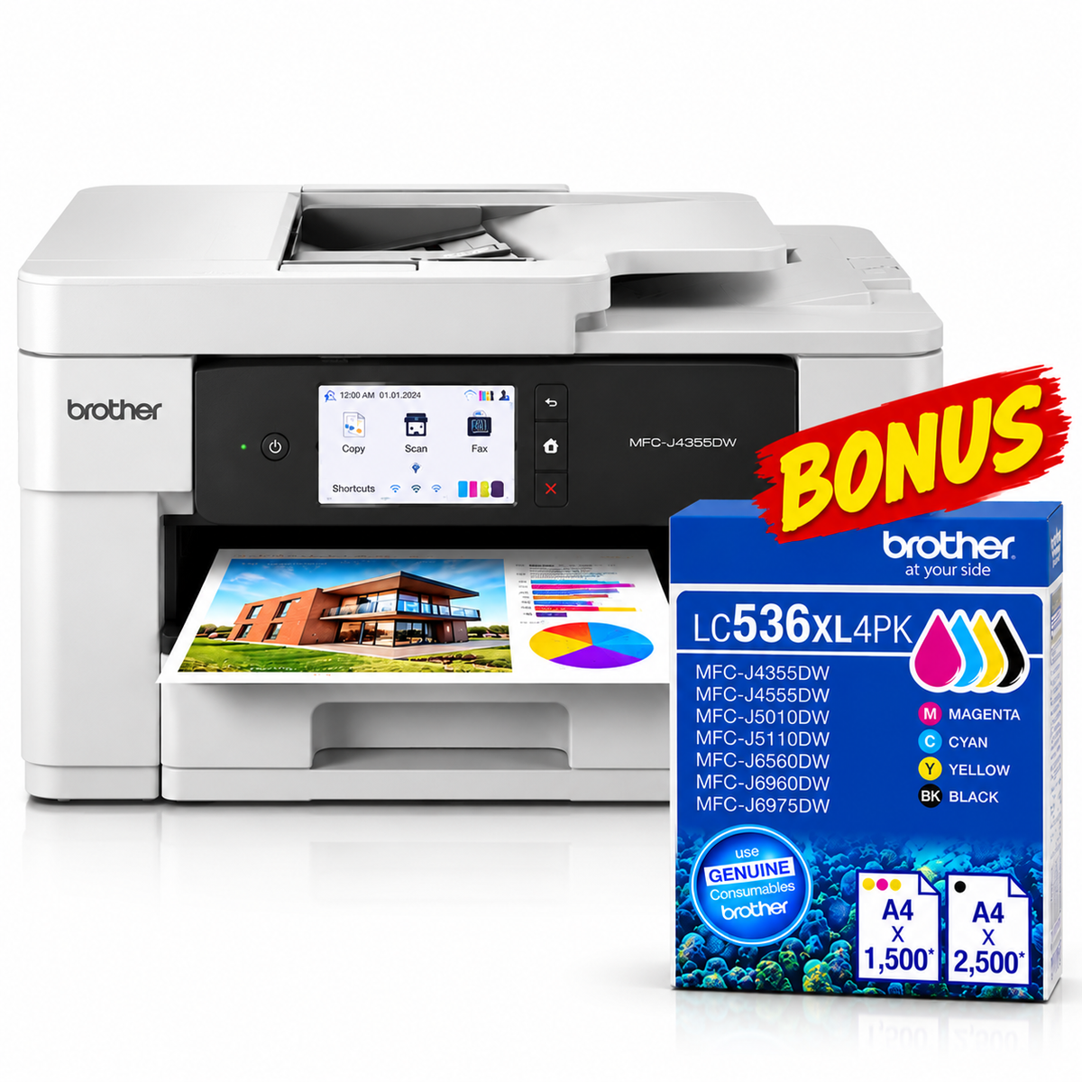 Bundle: Brother MFC-J4355DW A4 Colour Inkjet All-in-One Printer+BONUS: LC536XL4PK
