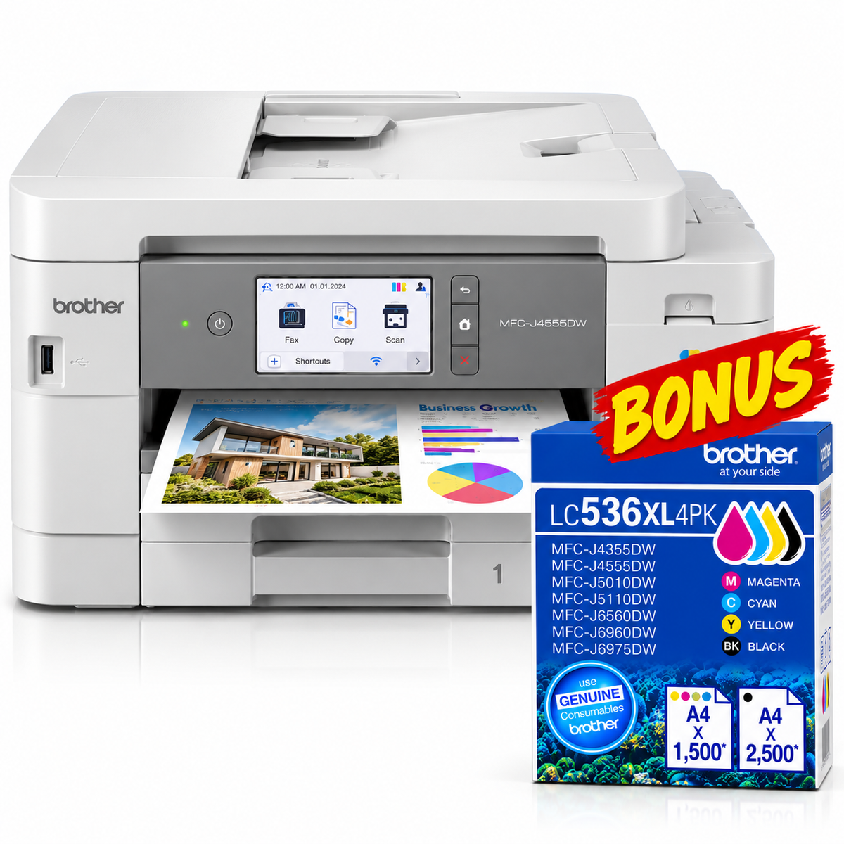 Bundle:Brother MFC-J4555DW INKvestment A4 Colour Inkjet All-in-One Printer+Extra LC536XL4PK Ink Set