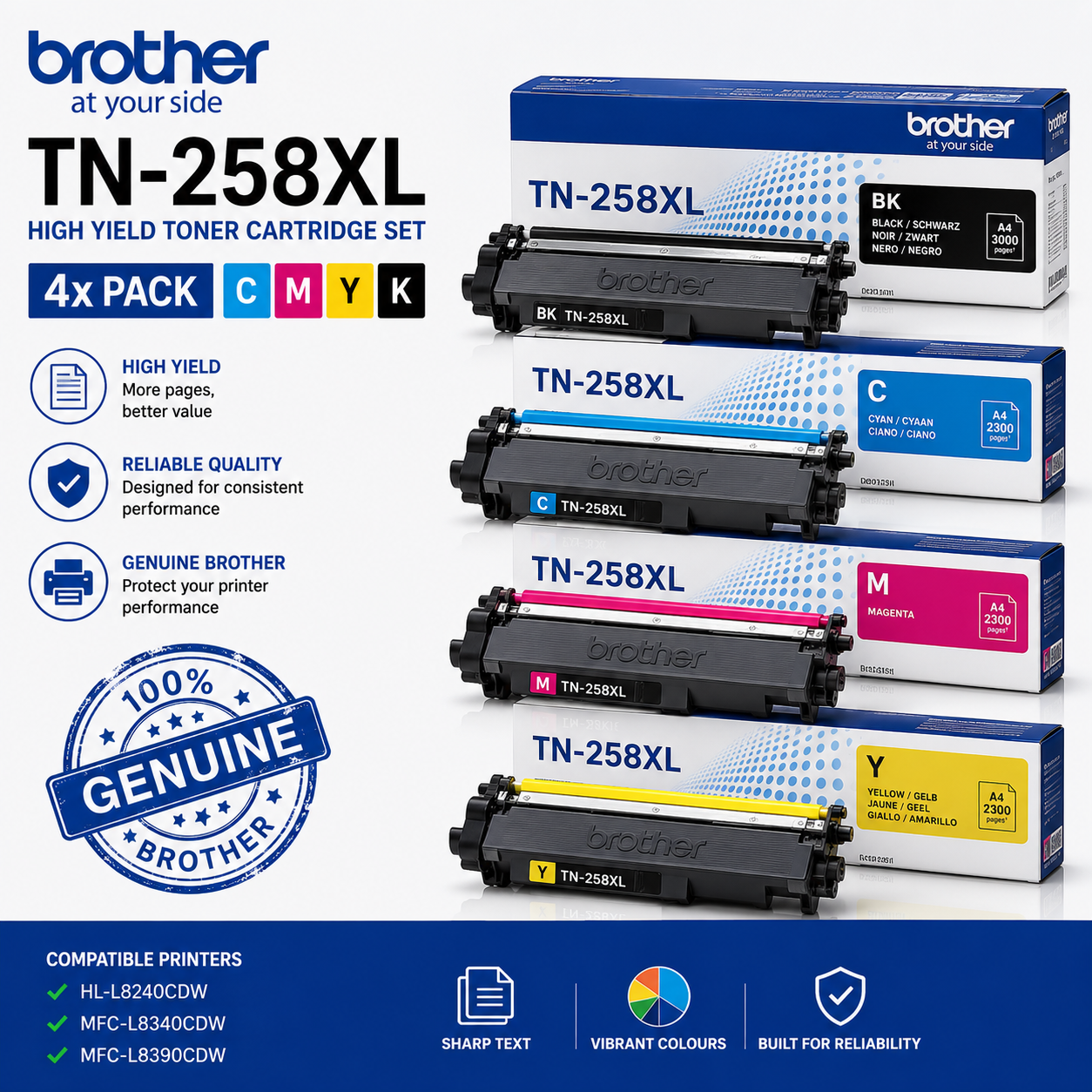 *Bundle* 4x Pack Genuine Brother TN-258XL C/M/Y/K Toner Cartridge Set High Yield