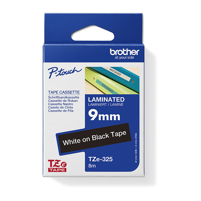 Genuine Brother TZe-325 White-on-Black 9mmx8m Laminated Labelling Tape [TZ325]