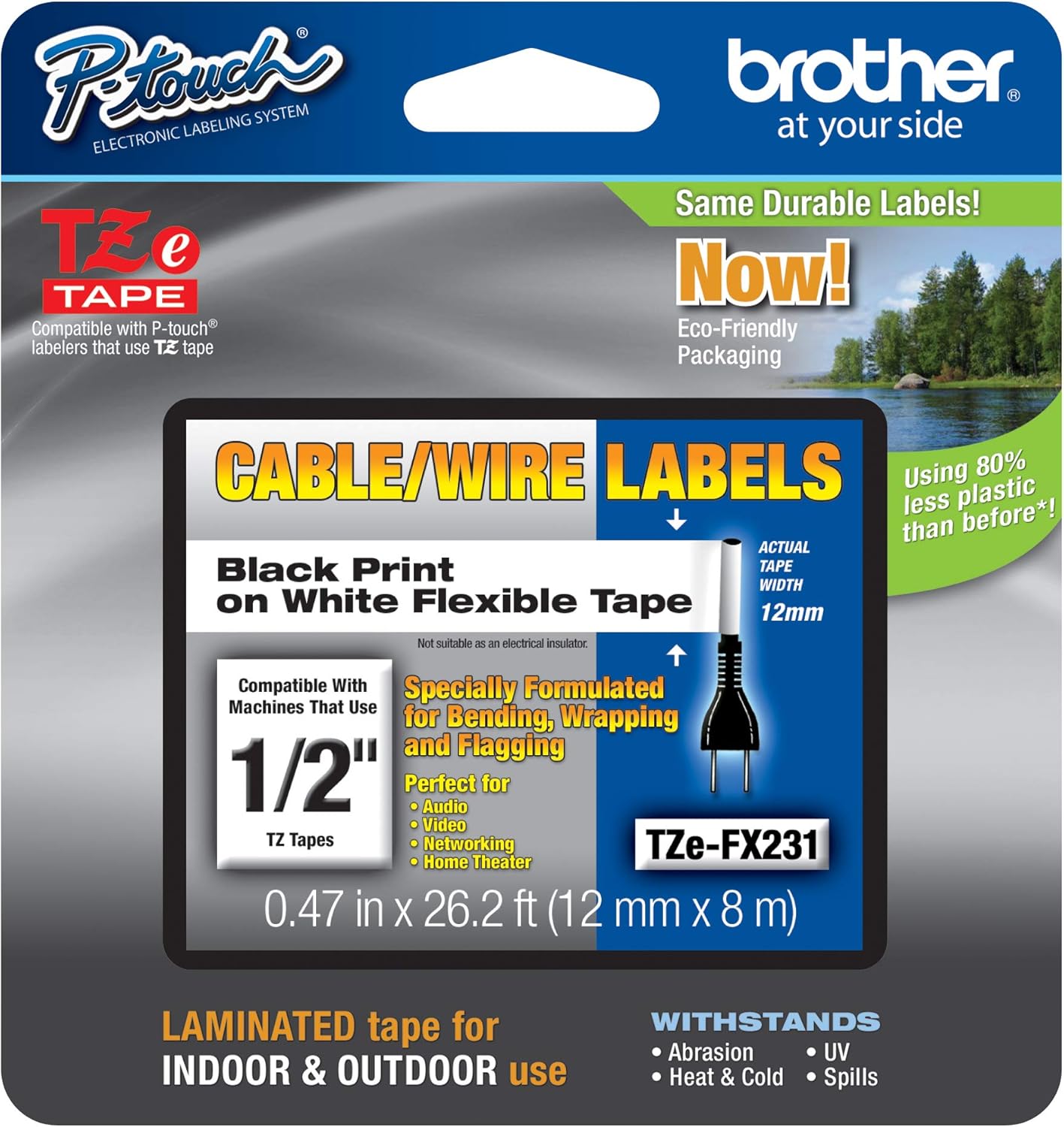 Brother TZe-FX231 12mmx8m Black-on-White Flexible ID Tape PT-H110 PT-E300VP PT-E550WVP