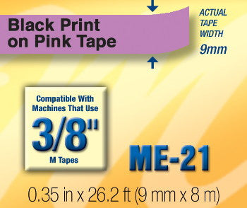 Genuine Brother ME21 Black-on-Pink 9mm Labelling Tape for P-Touch Label Maker [M-E21]