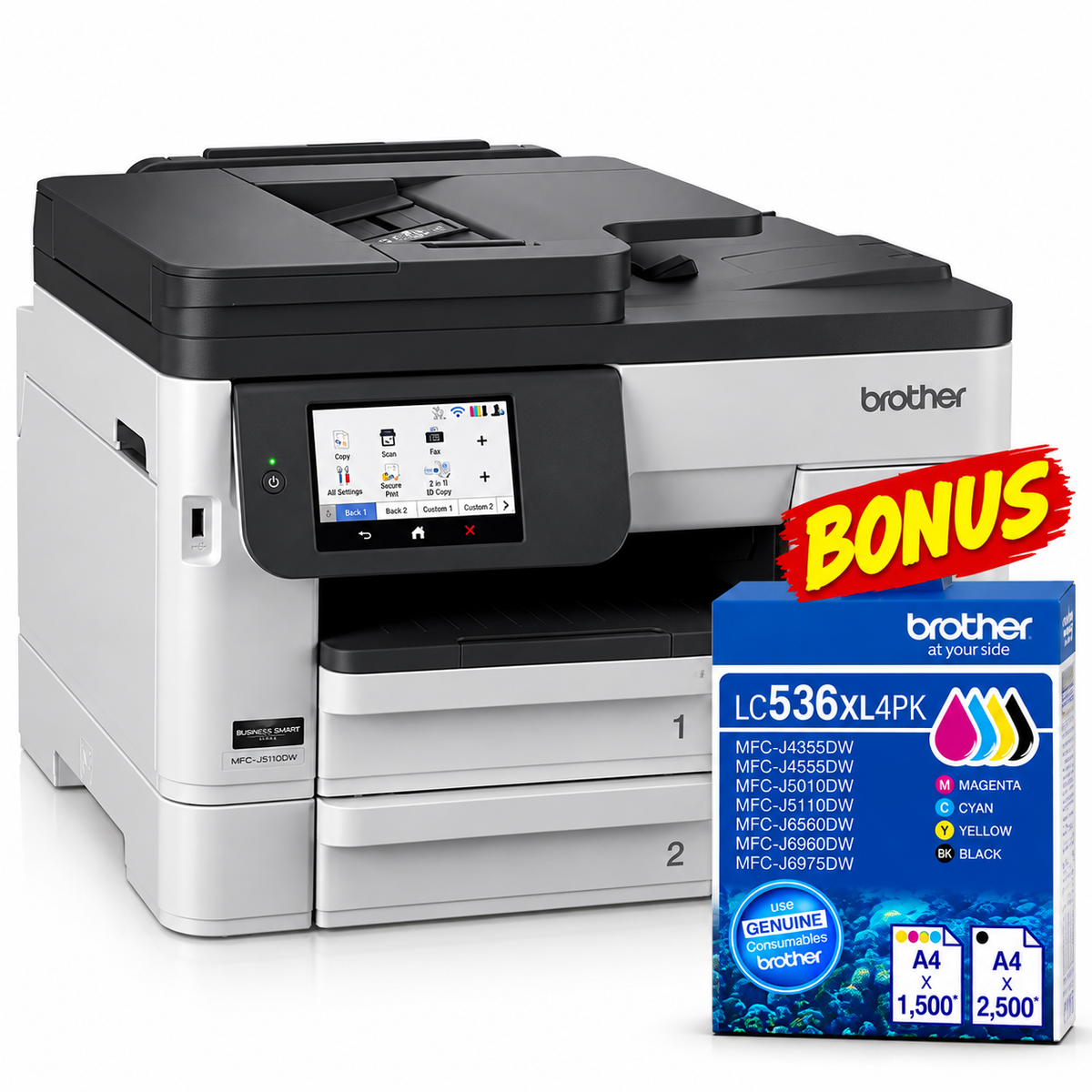 Bundle: Brother MFC-J5110DW A4 Colour Inkjet All-in-One Printer+BONUS: LC536XL4PK