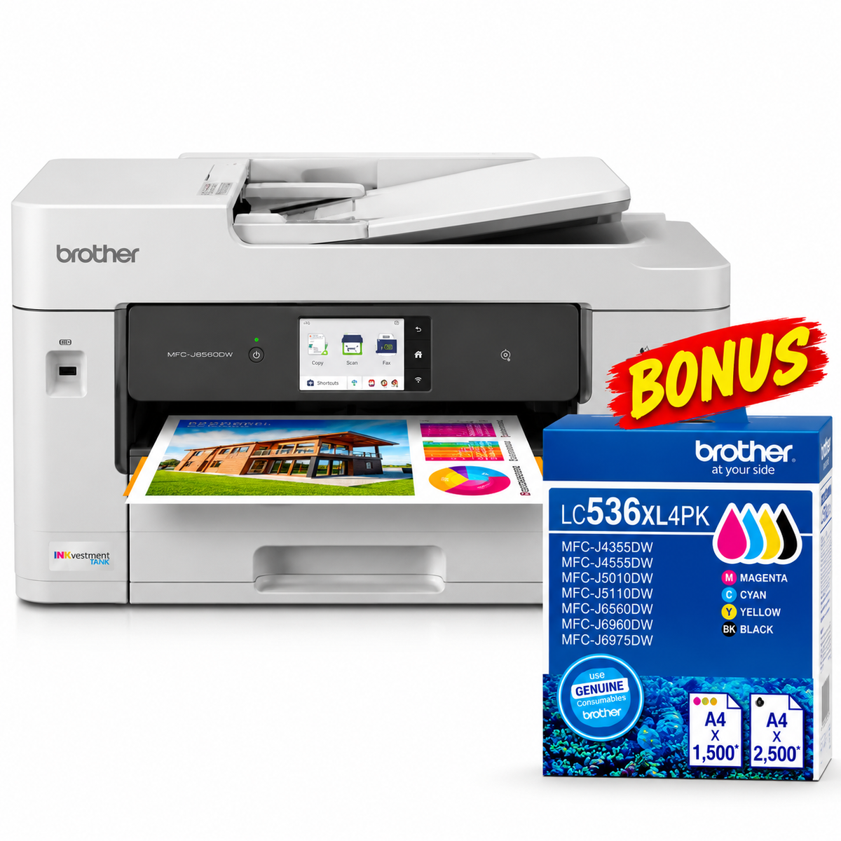 Bundle: Brother MFC-J6560DW A3 Colour Inkjet All-in-One Printer+BONUS: LC536XL4PK