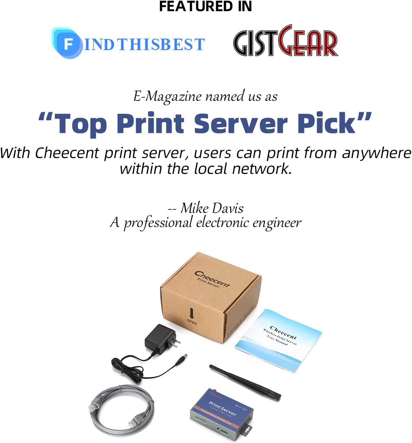 OZ CR202 Wireless Print Server for USB Printer, Convert Wired Printer to Wireless WiFi Ethernet - Win & Mac Linux