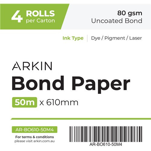 Genuine Arkin A1 Large Format Printer Bond Paper 80GSM - 610mm X 50M (4 Rolls) [CHBO8061050]