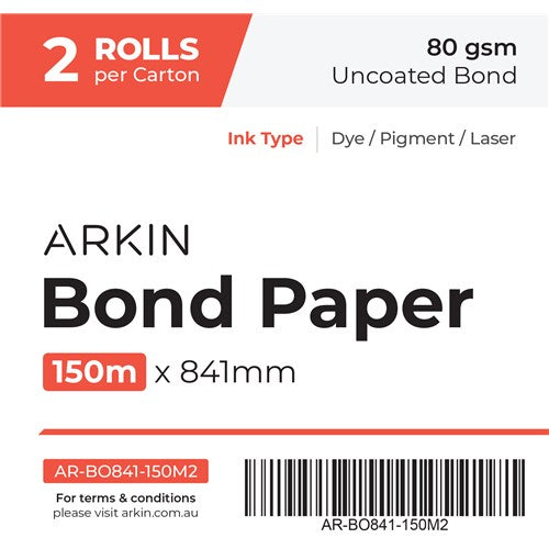 Genuine Arkin A0 Bond Copier Paper 80GSM - 841mm X 150M (2 Rolls) [CHBO80841150]