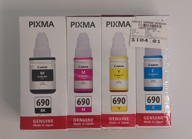 Genuine Canon GI690-CMYK Value Pack Ink Bottle for Pixma G2600/G3600/G3610/G4610 [GI690VP]